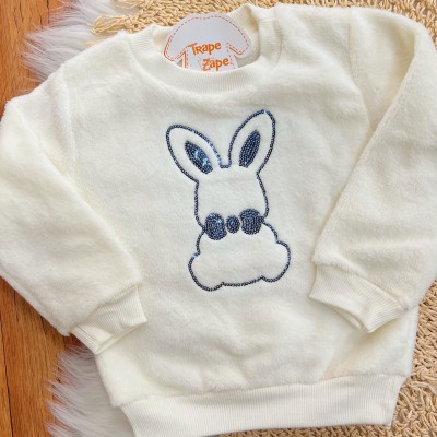 Conj. Casaco de Pelinho e Calça Legging Coelhinhas - Off White e Azul